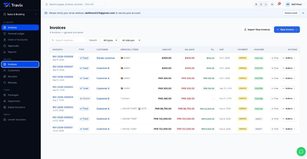 The Travix Cloud invoices screen